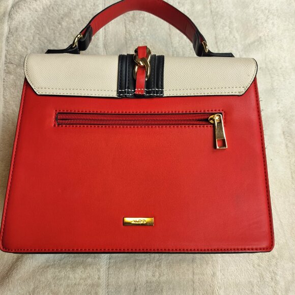 ALDO Colorblock Top Handle Satchel | Red White Black Gold Chain Detail - Picture 2 of 10